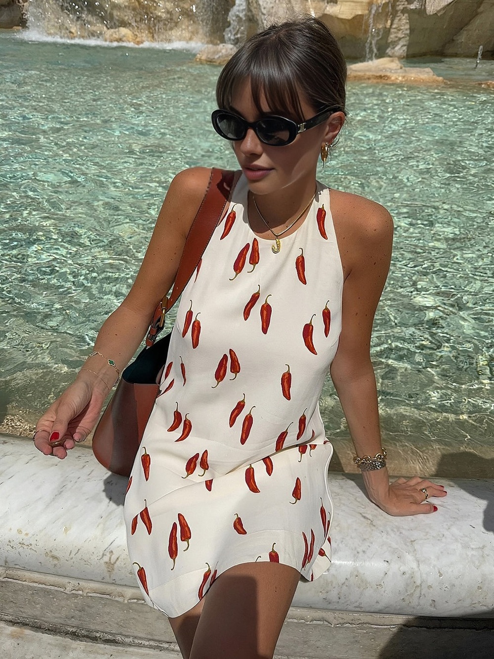 White Halter Dress with Red Chili Pepper Print
